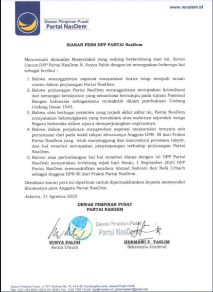 NasDem Pecat Ahmad Sahroni dan Nafa Urbach, Efektif Mulai 1 September